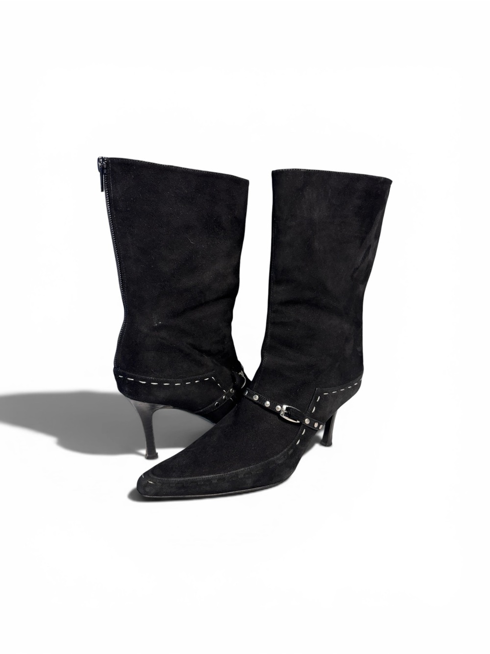 Rare Vintage Y2K Black Suede Studded Pointed Toe Boots Made in Brazil Size 6
